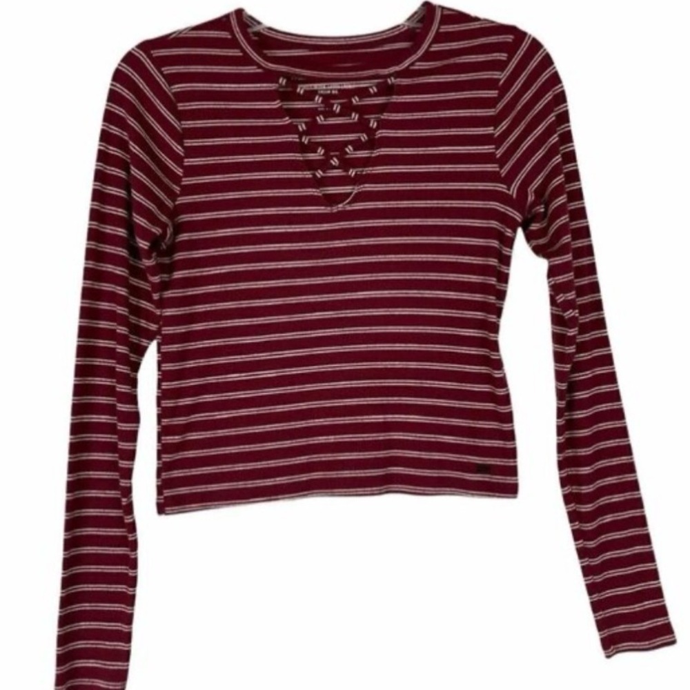 Hollister Burgundy and White Cropped Long Sleeve Tee